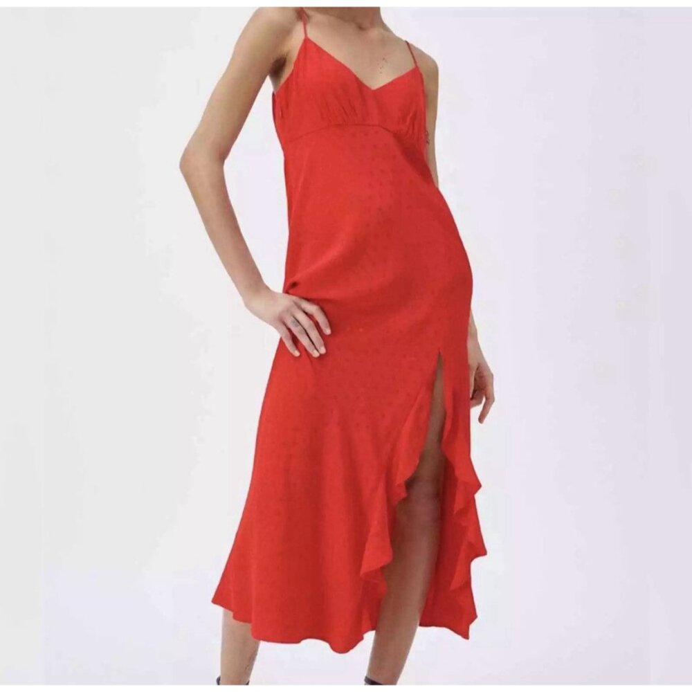 ZARA Women Red Jacquard Dotted Slip Dress Ruffle Medium Size Holiday Christmas - Picture 1 of 16